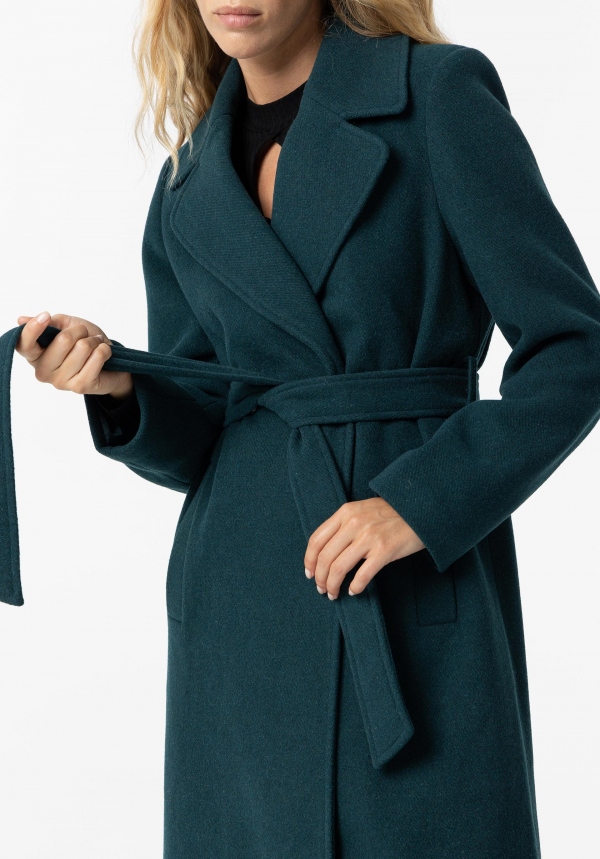 ABRIGO LARGO DE PAÑO PETRÓLEO CINTURÓN