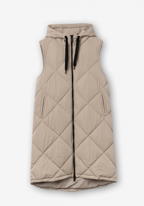 CHALECO LARGO BEIGE CON CAPUCHA
