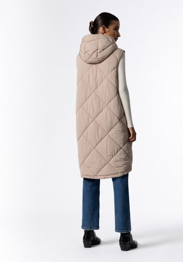 CHALECO LARGO BEIGE CON CAPUCHA
