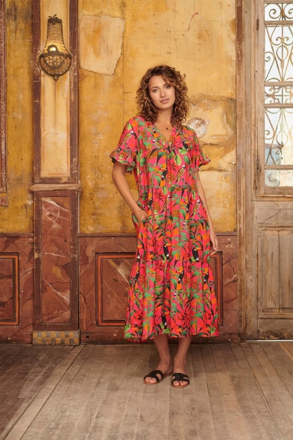 VESTIDO MIDI FUCSIA TROPICAL VESTIDO MIDI FUCSIA TROPICAL