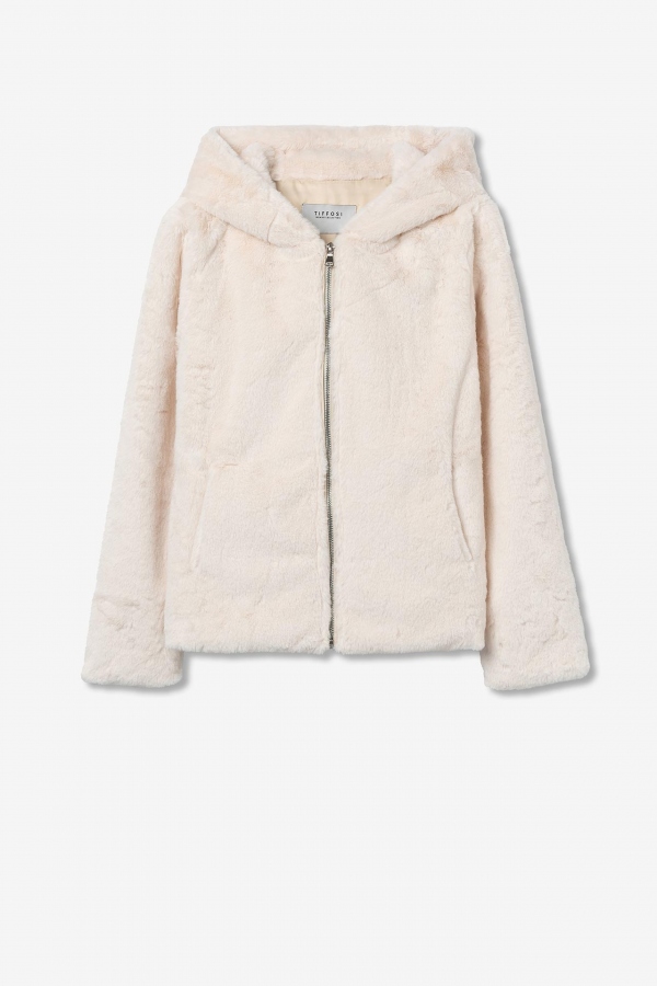 ABRIGO CORTO BLANCO DE PELO CON CAPUCHA