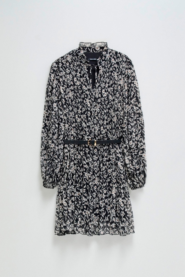 VESTIDO FLORAL PLISADO NEGRO CON...