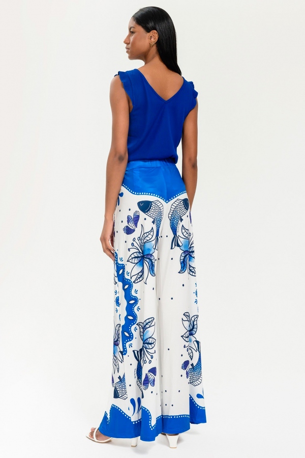 PANTALÓN PALAZZO FLORAL KOI AZUL Y...