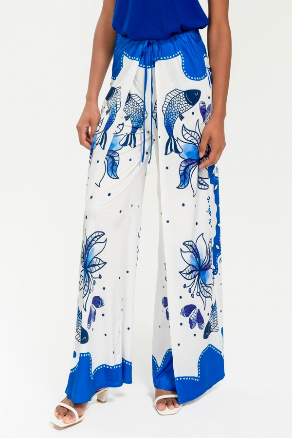 PANTALÓN PALAZZO FLORAL KOI AZUL Y...
