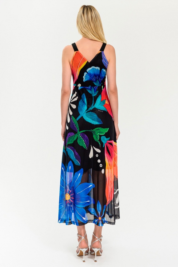 VESTIDO LARGO NEGRO FLORAL MULTICOLOR