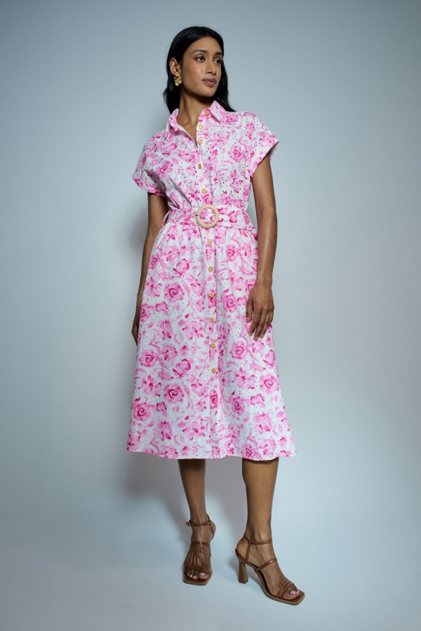 VESTIDO MIDI CAMISERO FLORAL ROSA