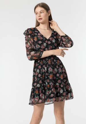 VESTIDO FLORAL NEGRO VOLANTES